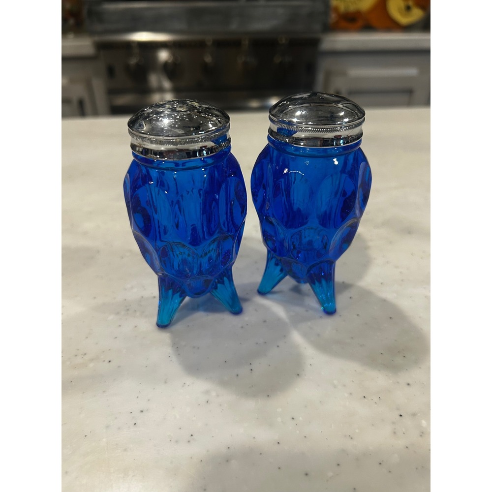 Vintage Cobalt Blue Glass Salt and Pepper Shakers Footed Thumbprint Pattern 4"
